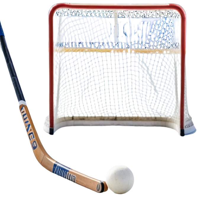 A ball and hockey stick resting on an ice rink, with the goalposts and clear markings in the background. The scene captures the unique nature of field hockey with a ball on ice, emphasizing the speed and precision of the sport in a cold, competitive atmosphere. emoji