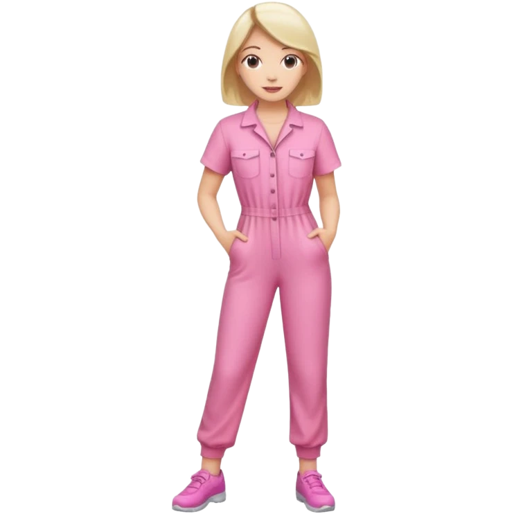 woman pink jumpsuit standing on foot emoji