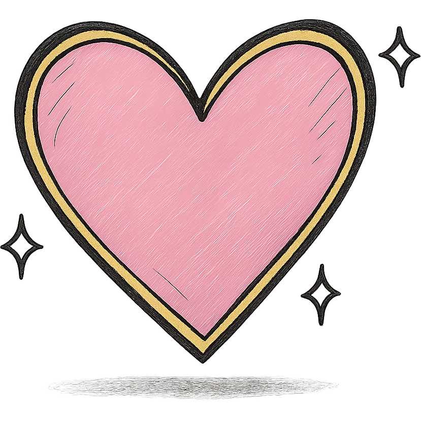 Add a realistic drop shadow to the 3D large pink heart with sparkles and gold outline, keeping the hand drawn black outline style, on a white clean background. emoji