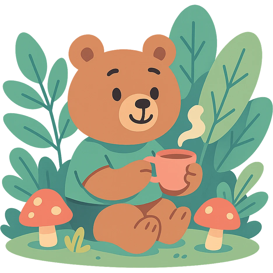 little bear sipping tea in the forest, surrounded by leaves and mushrooms, pastel-toon style emoji
