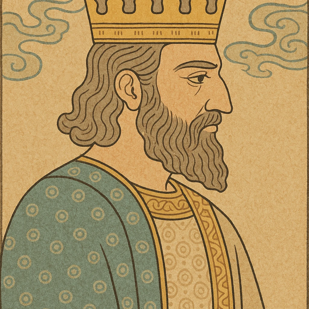 Cyrus the Great, side profile, golden crown, dignified, Persian miniature style emoji