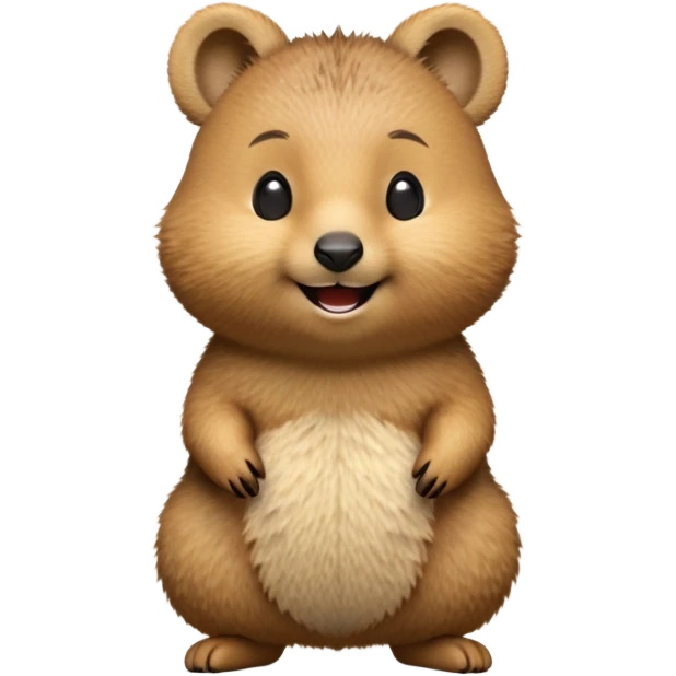 cinematic-realistic quokka-emoji,-small-round-frame-balanced-on-tiny-strong-hind-legs, head tilted in an endearing manner, comical smil, giant-fluffy-cheeks-large-smile-fluffy-brown-fur-radiating-a-warm-softness,-big-round-eyes-filled-with-joy, realistic fluffy zoomed in emoji