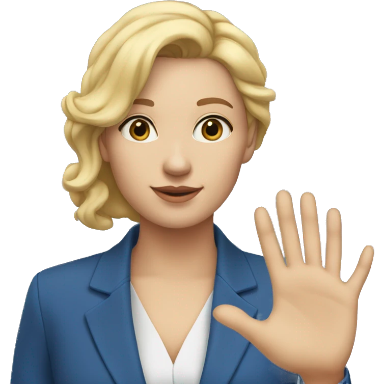 a woman with blonde hair and flesh-colored skin in a blue suit saying goodbye with her hand emoji