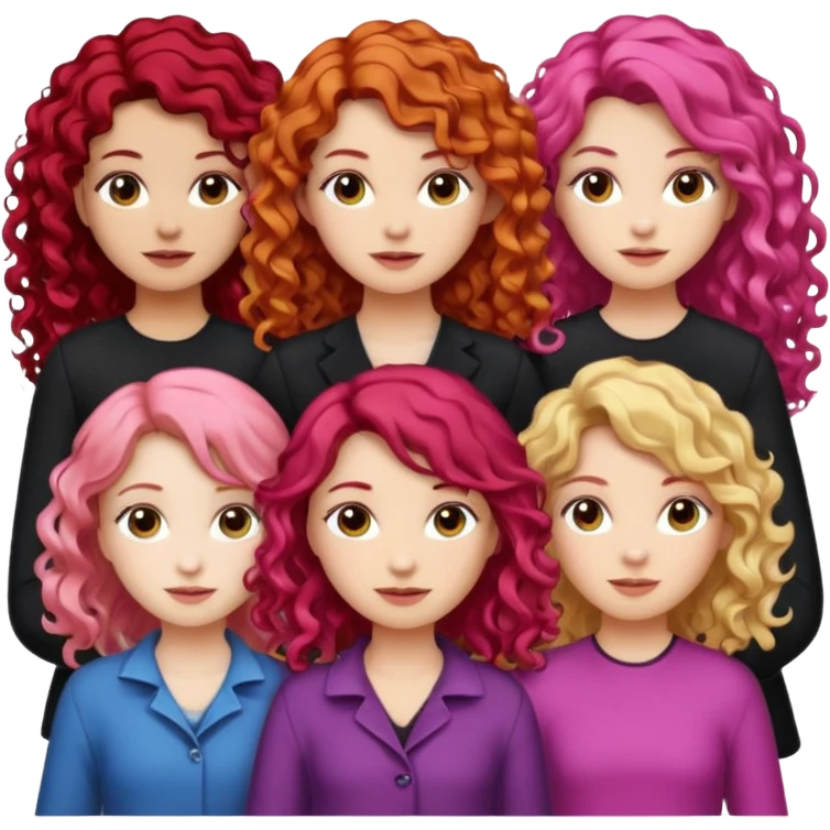 5 girls, one curly redhead, one with brunette dyed blonde hair, one long haired wavy brunette, one mid-length haired brunette, and one black haired girl with partially dyed bright red/pink hair emoji