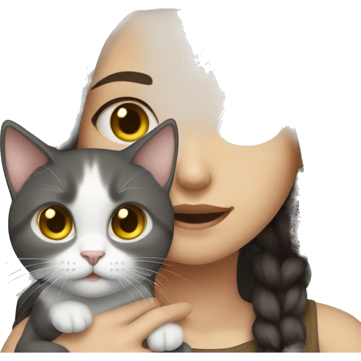 Girl with long dark brown hair and blue eyes holding a gray cat with yellow eyes emoji