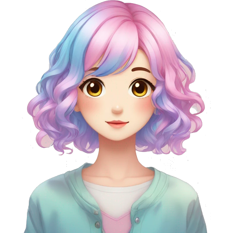 Gorgeous anime style shojo character with blushing face aesthetic and pretty colorful shiny gradient pastel hair with hair garment trending style emoji