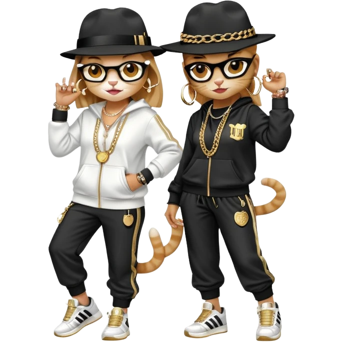 female cat wearing Run DMC hip-hop outfit with tracksuit, fedora, Adidas sneakers, many gold chains, rings, bracelets, flashy earrings, dancing with a friend, no sunglasses emoji