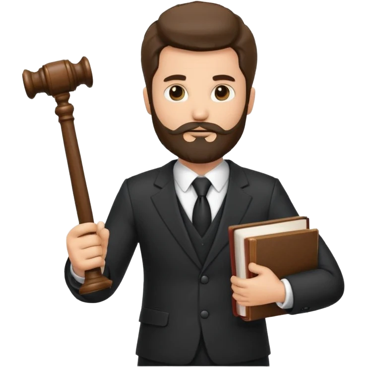 Create a male lawyer. he is wearing a fromal suit jckeret. He is holding a gavel in one hand and a book tucked under his another arm. He has beard. And the hair is kinda darker but not black. and is kinda short at the layers emoji