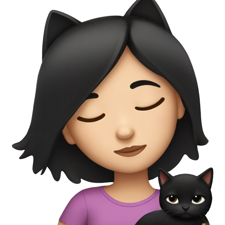 Girl with black hair sleeping with black cat emoji