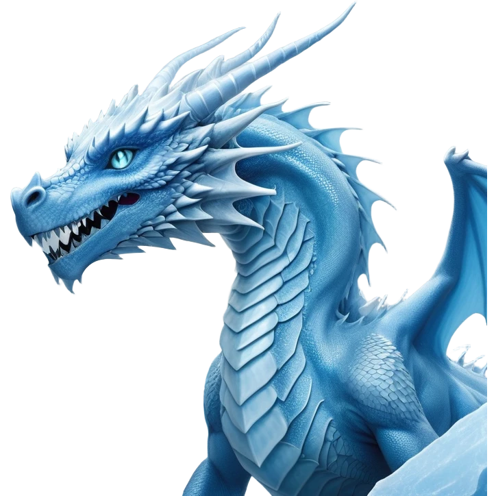 Cinematic Noble wise elegant Ice Dragon Portrait Emoji, Poised and imposing, distinct long elegant snout, with a slender, scaled body shimmering in glacial hues of icy blue, frostbitten silver, and crystalline white, breathing out frost, with piercing, glowing ice blue white eyes that radiate the chilling depths of an arctic storm; rendered in detail. excuding wisdom emoji
