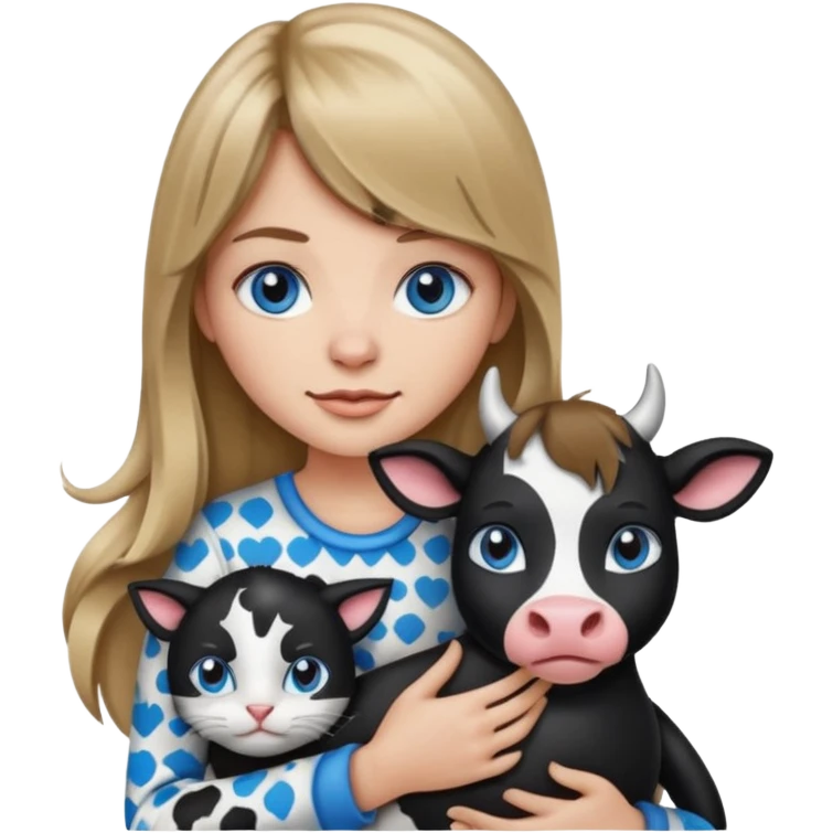 Apple-style emoji sticker of a young woman with long dark blond hair and bang, blue eyes , holding a cat black and white like a cow patch on her chest.  emoji
