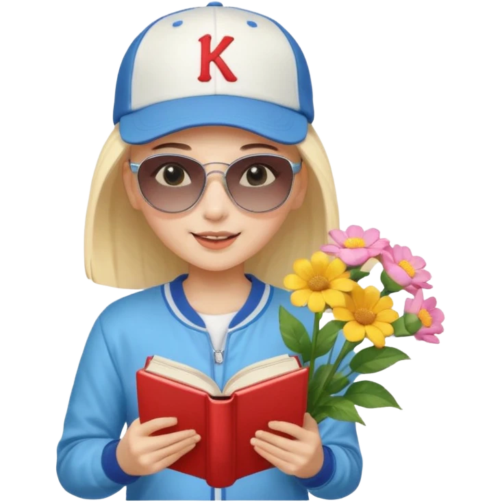 ["A happy girl with light skin, bald, wearing a baseball cap and sunglasses, dressed in K-pop fashion, is reading a book while holding a flower bouquet."] emoji