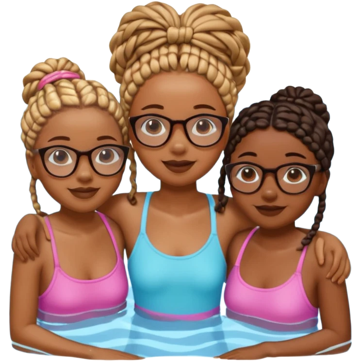 3 black girls im the pool having fun, one is tall caramel skin and slim with glasses and coller bone mini twists, the other is dark skin with no glasses and neck shoulder length mini twists and the last girl is short and chubby with box braids and no glasses  emoji