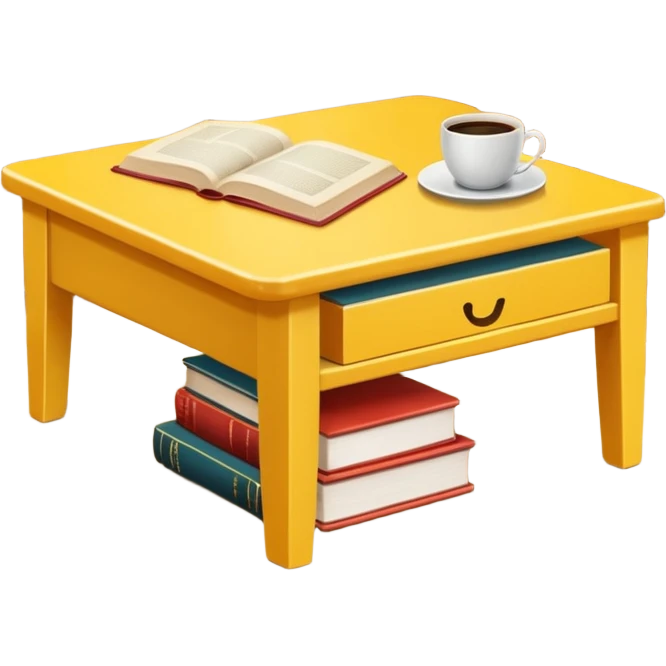 yellow coffe table, coffee on top, books under table
 emoji