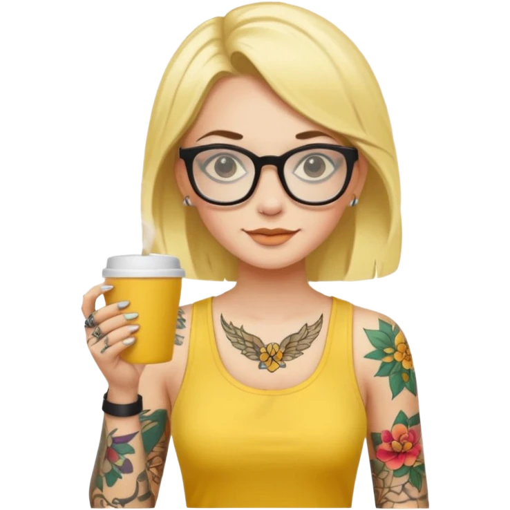 gözlük takan, dövmeli ve elinde kahve tutan, yaz kıyafetli bir kadın. kıyafeti sarı olsun emoji