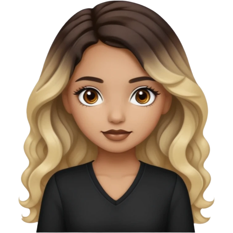tan skin, girly bratz ASIAN vietnam baddie, beautiful dark brown eyes, pretty makeup, long black to blond ombré wavy hair emoji