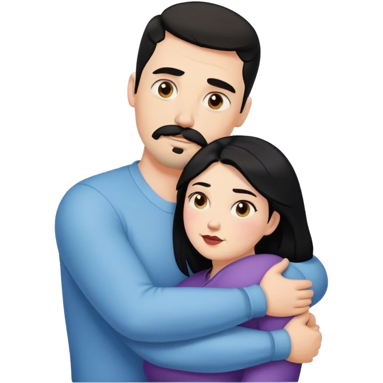 Tall strong white man with dark brown mustache goatee hugging a chubby short pale woman with long black hair emoji