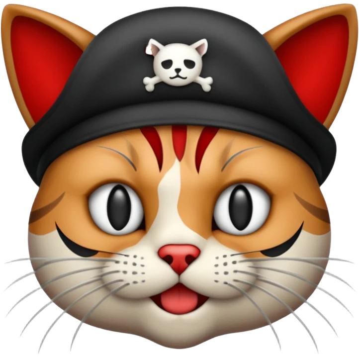 Vintage 1930s cartoon style emoji, cat, pirate aesthetic, thick black outlines, rubber hose animation style, monochrome with red accents, grainy paper texture, white background --v 6.0 emoji