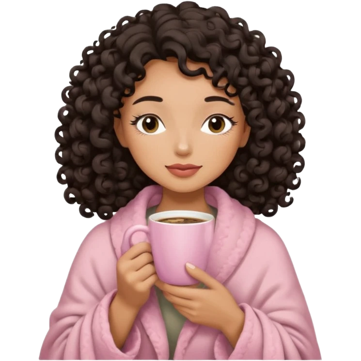 woman with medium tan sand tone, black mid length 3b curls, closed eyes, feminine face, holding soft pink coffee cup with beige blanket over shoulders emoji