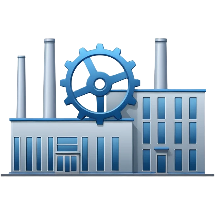 "A minimalist vector icon of a modern manufacturing factory building with a gear symbol above it. Blue and grey color scheme, flat design, white background, simple thick lines, professional business logo style." emoji