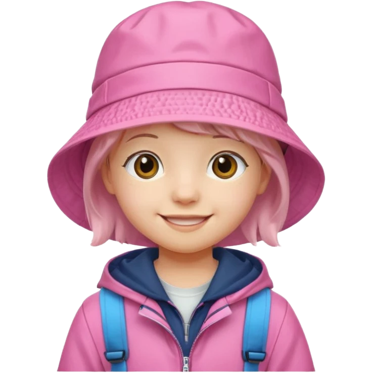 Little student wears pink bucket hat and jacket, backpack, happy emoji