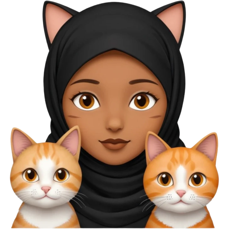 A girl with brownblack eyes and black hijab and three cats, one blackwhite girlcat and one blackwhite boy cat emoji