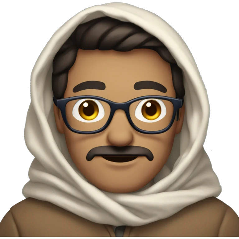 Pale Guy, dark brown narrow hair, moustache and soul patch under mouth, blue eyes, round glasses, covered in blanket emoji