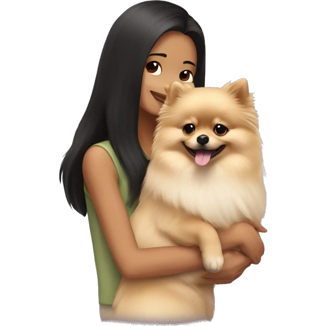 A cream-colored Pomeranian dog in the arms of a dark-haired girl emoji