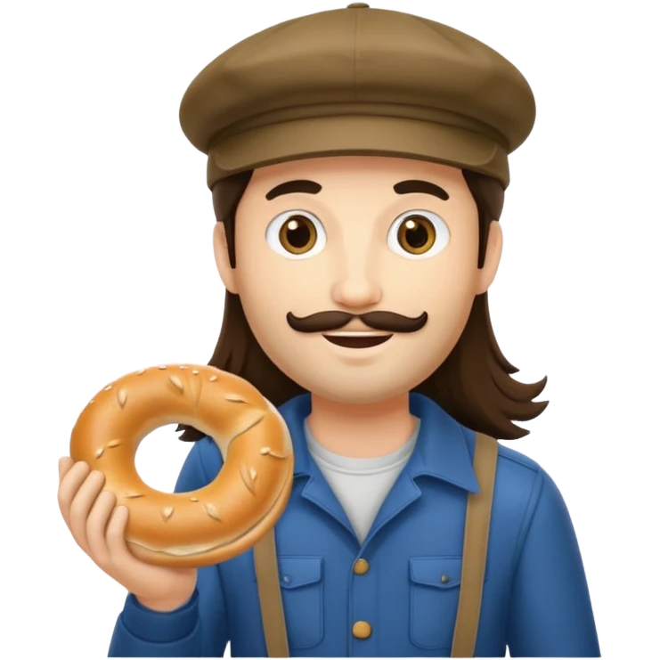 tourist brunette long hair man with cap holding bagel emoji