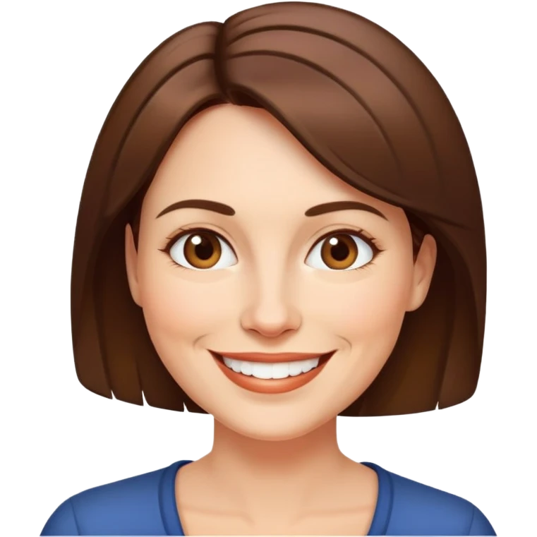 người phụ nữ 40 tuổi, da trắng, tóc ngắn màu nâu, mặt cười tươi vui vẻ emoji