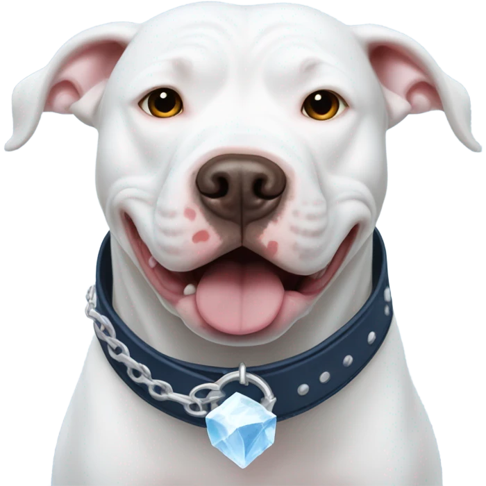White pitbull with a collar that spells out Ice swimming with beluga emoji