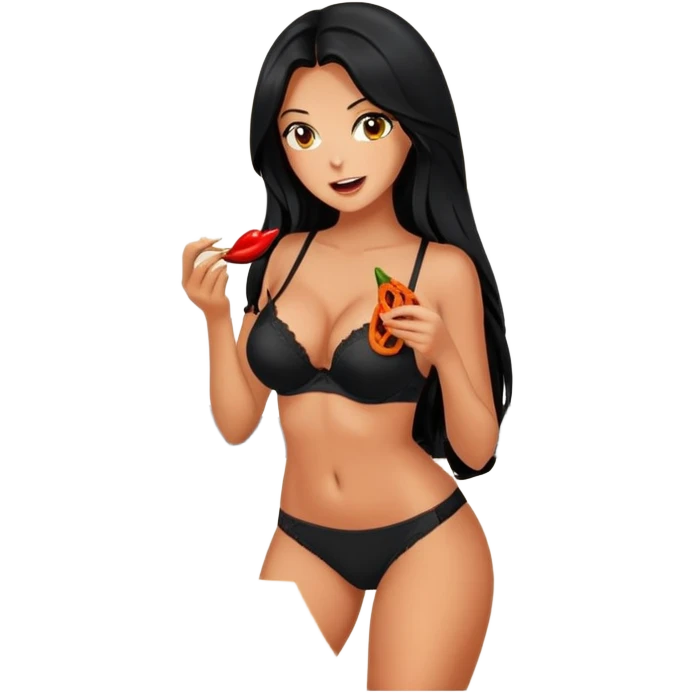 cooking, black long hair tanned woman, black bra and panties, spicy food, in kitchen  emoji