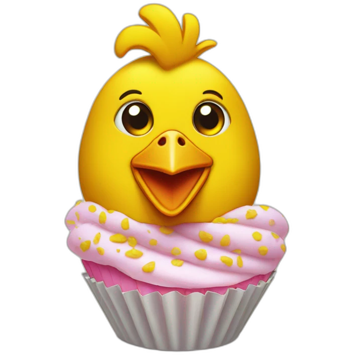 Chica is a yellow animatronic chicken with a bib and a cupcake emoji