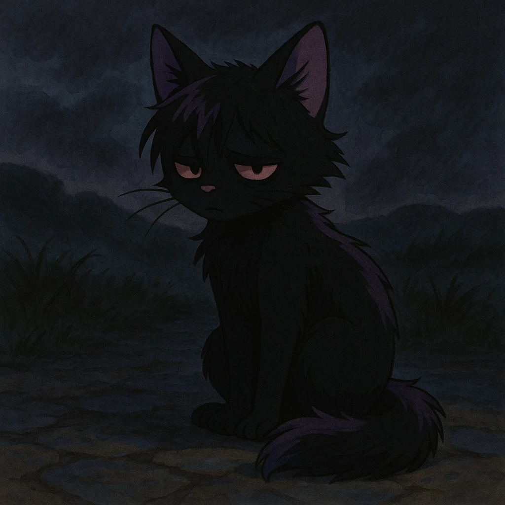 ghibli style emo kitty with moody atmosphere, black fur, purple highlights emoji
