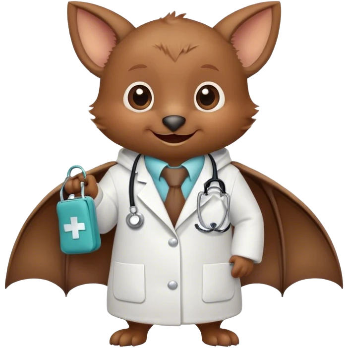 A friendly bat wearing a small white doctor's coat and a stethoscope, with a playful smile and tiny medical bag, in a simple cartoon style. emoji