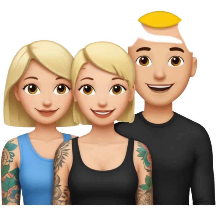 throuple blonde female brunette female with tatted bald male emoji