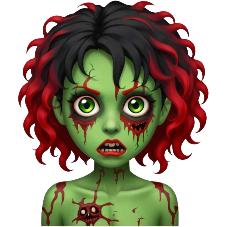 uma mulher com cabelos pretos e mechas vermelhas, cabelos encaracolados, e ela é um zumbi verde com olhos arregalados e marcas de mordidas e machucados pelo corpo  emoji