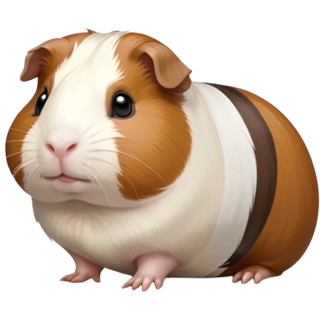 Cinematic Noble Brown and White Banded Guinea Pig Portrait Emoji, Poised and regal, with a compact, chubby build and a uniquely patterned coat of warm brown and crisp white banding, deep-set soulful dark eyes, Simplified yet sharp and sophisticated features, highly detailed, glowing with a soft, dignified glow, high shine, intelligent and charming, stylized with an air of distinctive elegance, focused and attentive, soft glowing outline, capturing the essence of a watchful and confident companion, so majestic it feels as though it could scurry out of the screen with effortless authority! emoji