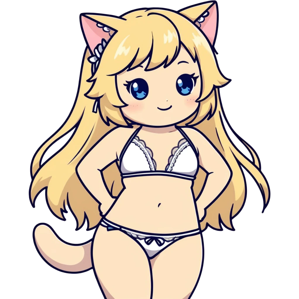 painting of flirty petite blonde blue eyes catgirl soft body long hair freckles giggling shy lace white bikini tight waist wide hips historical Japanese art influence emoji