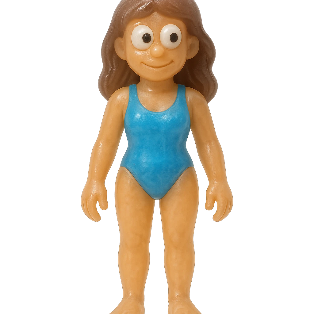 Make the beach girl smaller in frame so the entire character is fully visible from head to toe with no cropping at the top or bottom. Keep the full-body, retro 90's toy style, very transparent and slightly see-through, natural tan skin, brown hair, blue swimsuit, derpy eyes with large white eyeballs and small black pupils looking in different directions, soft plastic texture, soft reflections, soft and squishy, some cloudiness, not shiny, highly detailed, appealing, no tag, no background. emoji