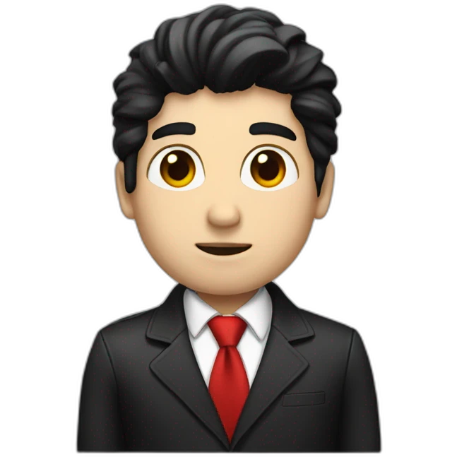 Boss, white skin, black hair, brown eyes, black jacket with red tie. speek emoji