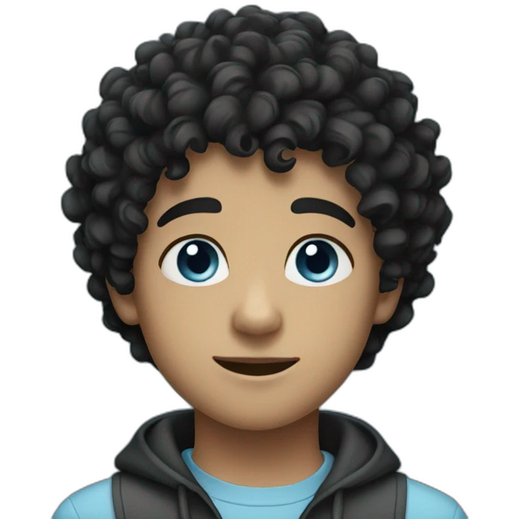 Boy with a black curly hair with a blue eyes emoji