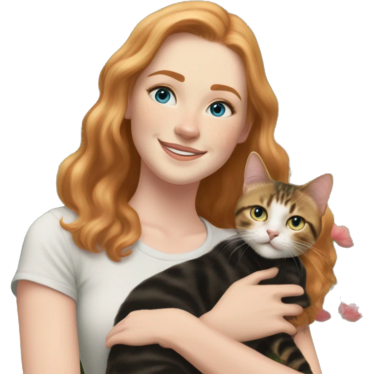 Females, Strawberry blonde shoulder length hair, 25 year old, blue eyes, lightly freckled, smiling at the camera while holding a brown, black, and white tabby cat in her arms, standing outside with a garden and trees in the background  emoji