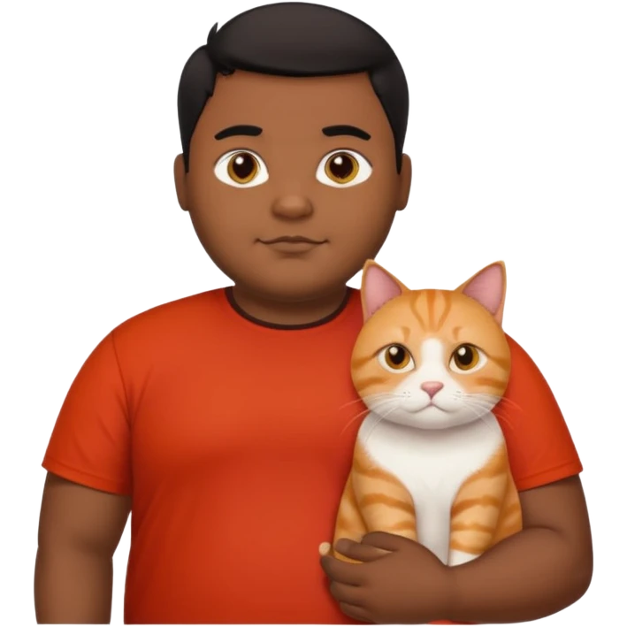 Indian black chubby guy with black middle parted hair in red t-shit with orange cat emoji