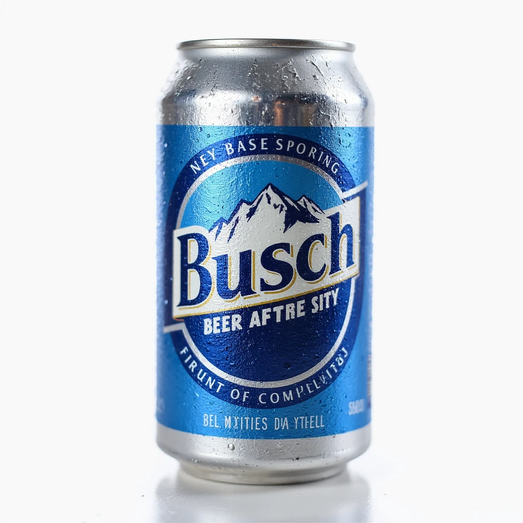 a can of Busch beer, realistic style, blue and silver colors, condensation on the can, mountain landscape on the label emoji