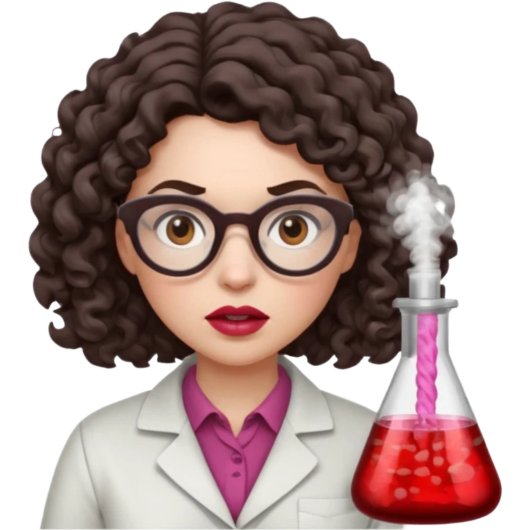 A crazy female scientist, with curly-wavy dark brown medium lenght hair, brown eyes and light grey glasses and pale skin and pinkish lips, dressed to look like an english teacher but in neutral tones like grey black white, maybe with the pop of dark red, with no girly colors, she should look mad emoji