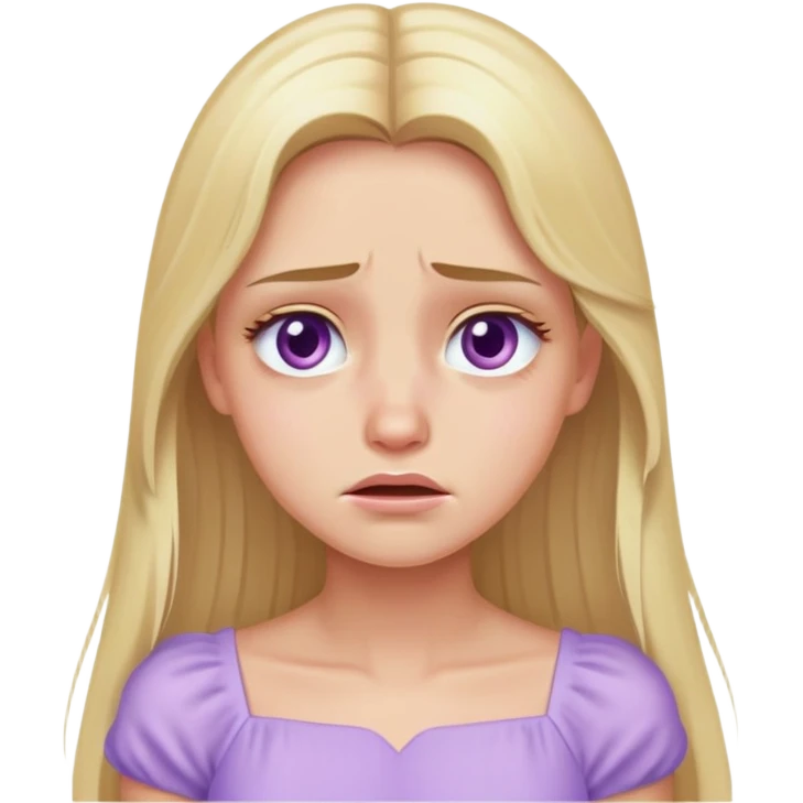 crying face blonde model, hazel eyes, sleek long hair, pastel purple dress emoji