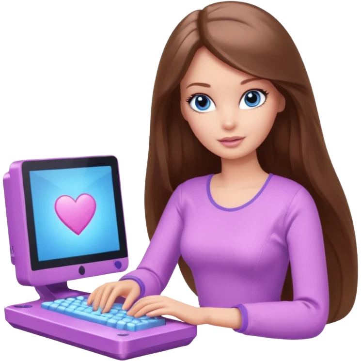 beautiful barbie girl with long brown hair, blue eyes and wearing light purple clothes playing computer games emoji