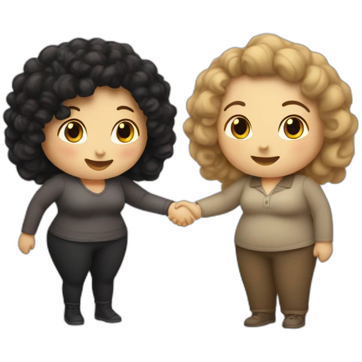 tan chubby woman with black curly hair shakes hands with a chubby pale woman who has straight light brown hair emoji