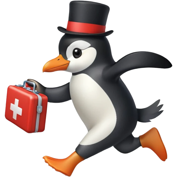 side view of a doctor penguin running with a top hat holding a first aid medical box with a red cross emoji